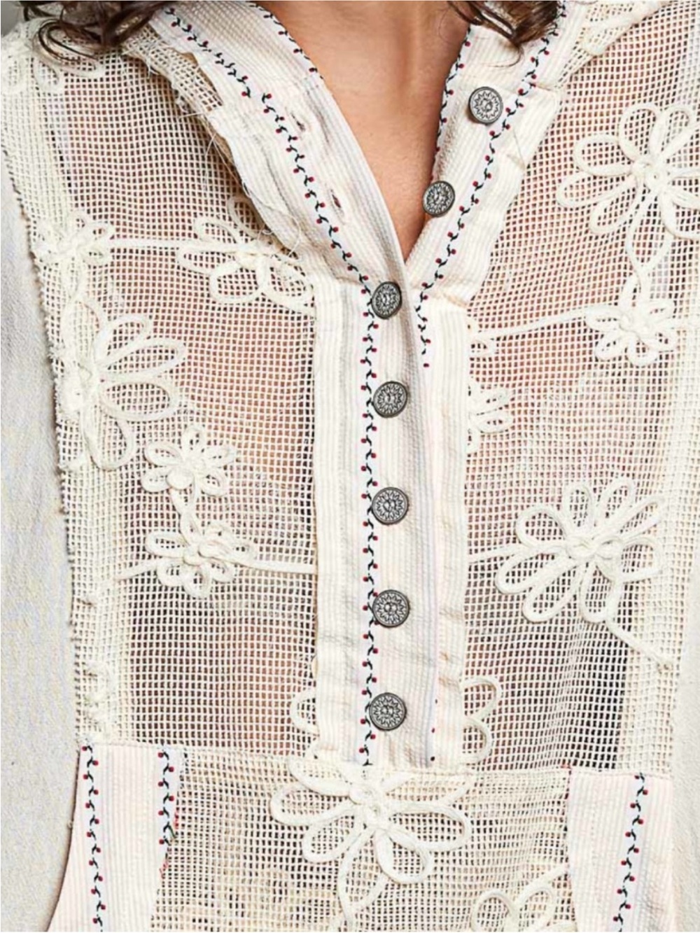POL Natural Floral Embroidered Semi-Sheer Cotton Boho Hoodie - Picture 2 of 6